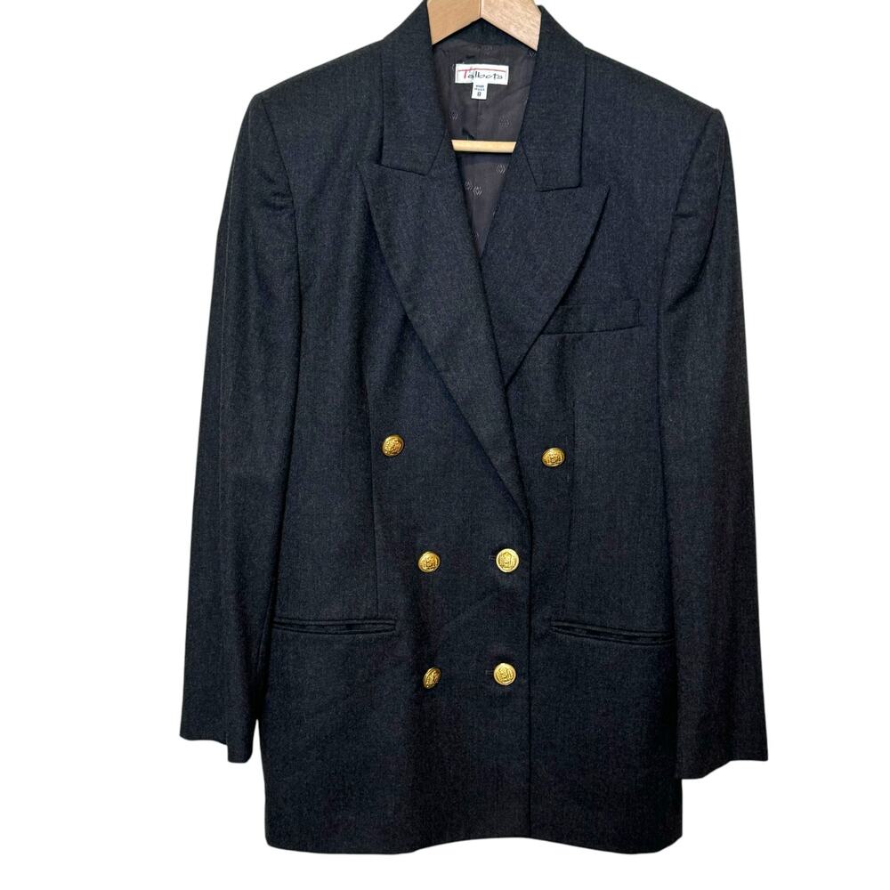 Vintage Talbots Made in the USA Size 8 Gray 100% Wool Gold Button Blazer